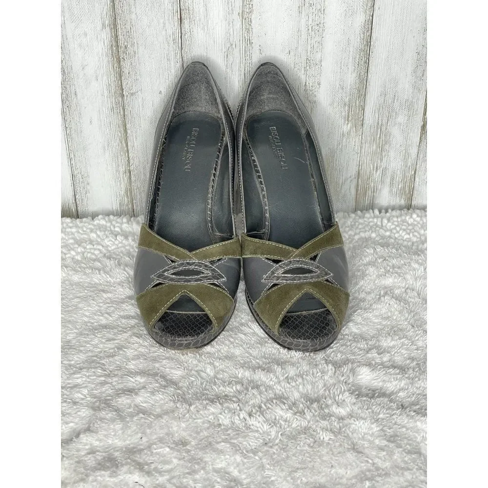 Bisou Bisou Michele Bohbot Gray & Green Suede Peep Toe Heels Size 6